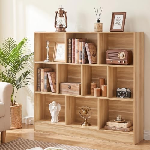 YAHARBO 3 Tier 10 Cube Long Horizontal Bookshelf,Under Window Shelf,Natural