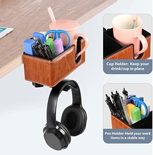 Under Desk Cup Holder Clamp on Cup Holder PU Leather Clip on Desk Organizer
