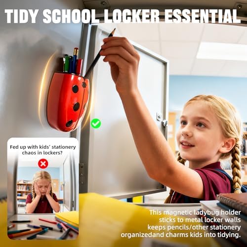 Cute Ladybug Magnetic Pen Holder, Strong Magnet for Glass Whiteboard, Refrigerator & Locker - 2 Pack Marker Organizer, Dry Erase Marker Holder for School, Home & Office (Red)
