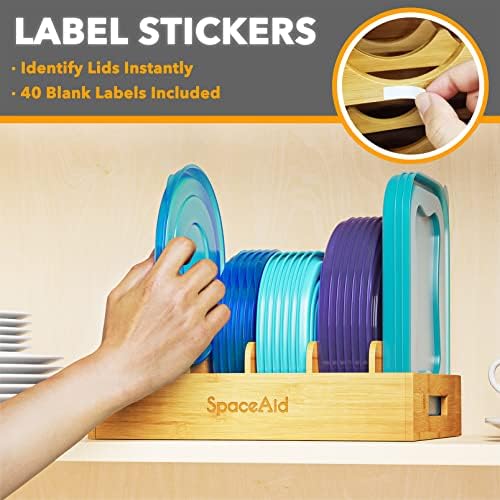 SpaceAid Bamboo Lid Organizer, Kitchen Pantry Lids Holder with 5 Adjustable Dividers for Cabinets, Food Storage Containe