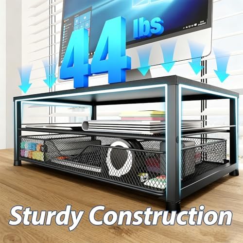 OPNICE Desk Organizer and Accessories, 2-Tier Computer Monitor Stand Riser with Drawer and 2 Pen Holders, Laptop Stand, 