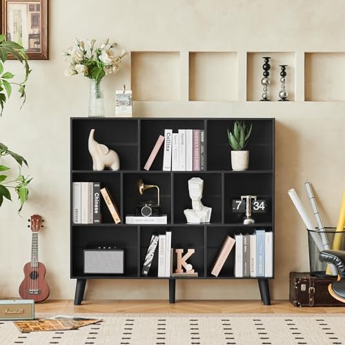 LEYAOYAO 8 Cube Bookshelf, Mid-Century Modern Book Shelf with Legs, Black