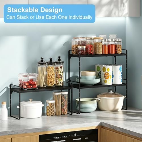 Set of 2 Expandable Cabinet Shelf Organizer, Stackable Kitchen Countertop Shelves Spice Racks, Small Metal Storage Shelf