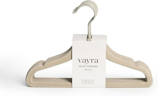 Vayra Home Velvet Hangers – Non-Slip Clothes Hangers for Closet Organization – Neutral Beige, Strong Hold, Matte Hook – Kids (Set of 10)