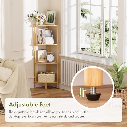 Corner Shelf Stand, 4 Tier Bamboo Corner Organizer, Narrow Tall Bookcase, Corner Shower Caddy, Plant Display Shelf, Open
