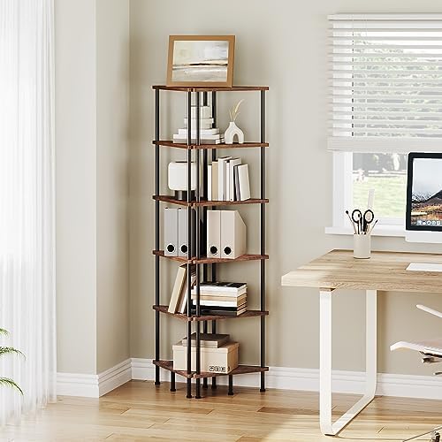 HOOBRO Corner Shelf Stand, Industrial 6-Tier Wall Corner Bookshelf with Metal Frame, Plant Display Shelf, Bookcase for S