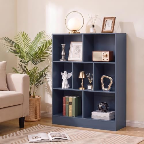 YAHARBO 3 Tier 7 Cube Mini Thin Bookshelf,Short Shallow Bookcase,Dark Blue