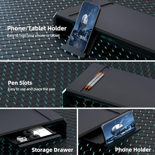 Heymaster Monitor Stand Riser with Drawer, Foldable & Adjustable Length Computer Stand with Phone & Tablet Holder, Space