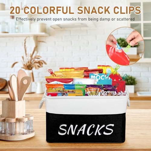 Snack Organizer for Pantry, Decorative Snack Basket with 10pcs Chip Clips, Snack Organizer for Desktop, Collapsible Snac