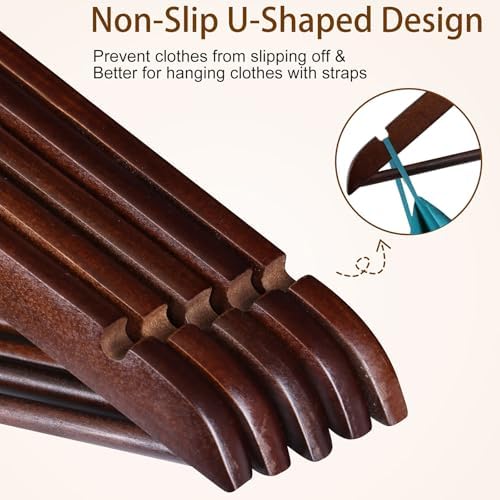 SUPER DEAL Wooden Hangers 50 Pack, Suit Hangers with Shoulder Notches 360 Swivel Chrome Hook Smooth Finish Non-Slip for Coat, Strap, Dress, Shirt, Pant, Jacket, Brown