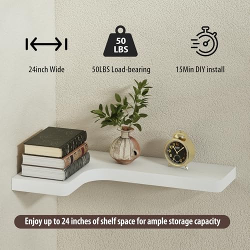 SAUMONIERES Corner Floating Shelves 24 Inch Wall Mount Shelf Solid Wood for Bedroom Bathroom Kitchen Storage Set of 2, W