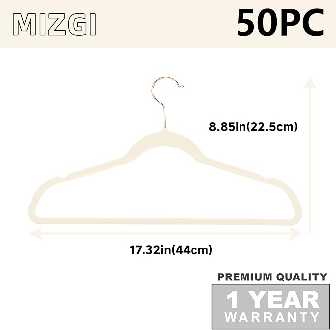 MIZGI Premium Velvet Hangers (50 Pack) - Heavy Duty Non Slip Felt - Suit Hangers Ivory & Rose Gold Hooks, Space Saving Closet Organizers