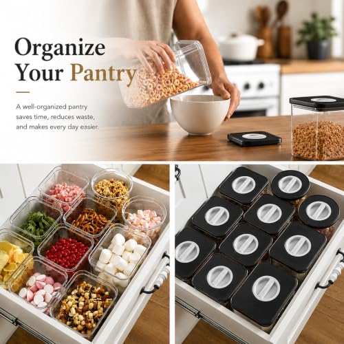 Neoflam Smart Seal Airtight Food Storage Containers Set of 3, 0.73L Pantry Containers for Cereal, Flour, Rice & Dry Food, Stackable BPA-Free Clear Canisters with Twist Lock Lids, Black, 25 oz