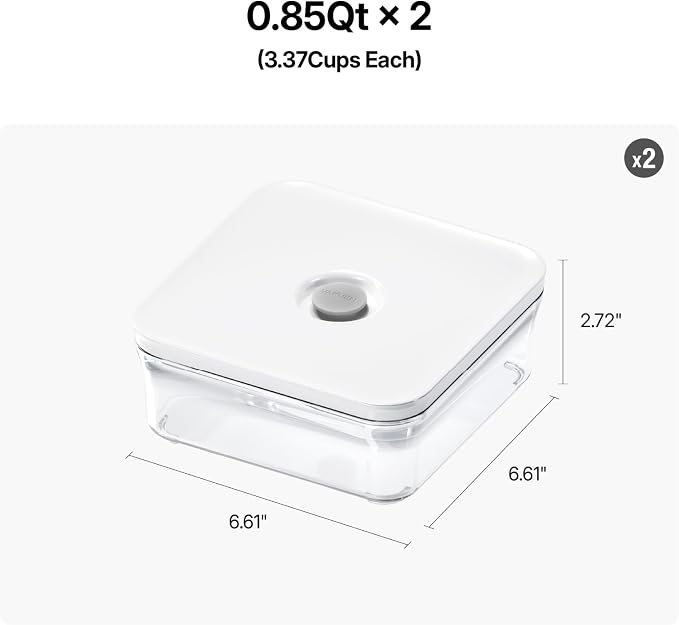 VAKUEN Premium Airtight Food Storage Containers, Mini Square 2pc/set(0.85qt), Smart One-Click Seal Lid, No Hinges, 100% Leak Proof, BPA-FREE, Dishwasher, Freezer & Microwave Safe