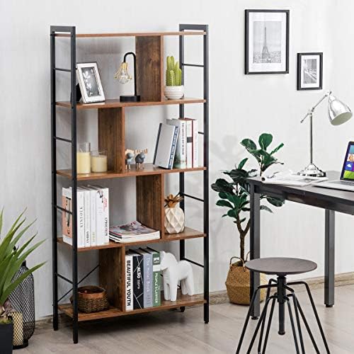 Giantex 5-Tier Bookshelf, Industrial Style Bookcase with Metal Frame, Free Standing Storage Display Shelves, Home Office