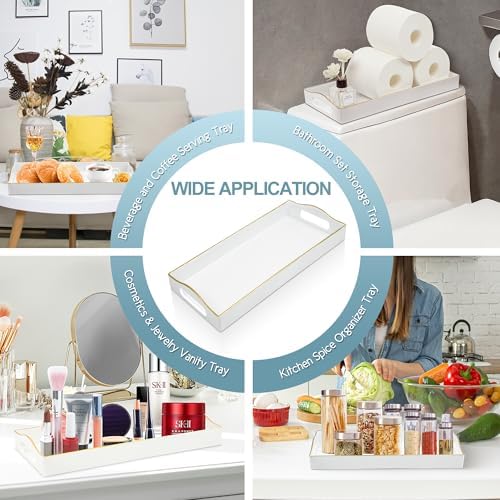 Gifturbo White Bathroom Vanity Tray,Gold Edged Decorative Tray with Handles, Small Rectangular Counter Tray for Perfume,