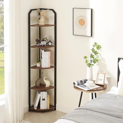 5 Tier Corner Shelf, Narrow Corner Bookshelf for Living Room,Bedroom, Brown