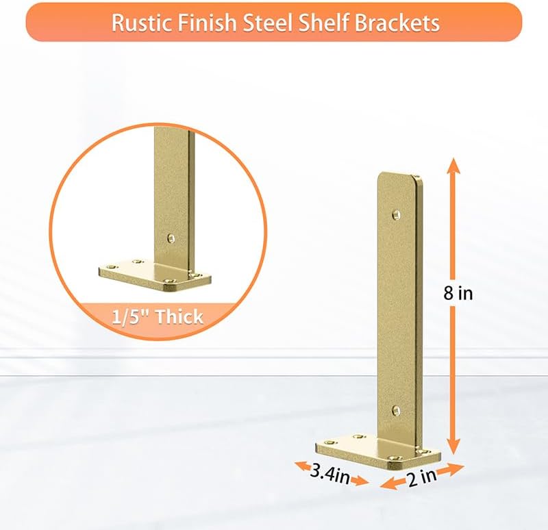Floating Shelf Brackets Upgraded, 8 inch, Gold Heavy Duty Iron Shelf Brackets, Industrial Modern Floating Shelf Support 