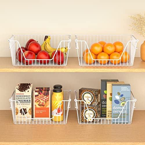 Slideep 14'' Large Stackable Storage Baskets Cabinet Organizer Sturdy Metal Wire Pantry Freezer Bin for Pantry Home Bath