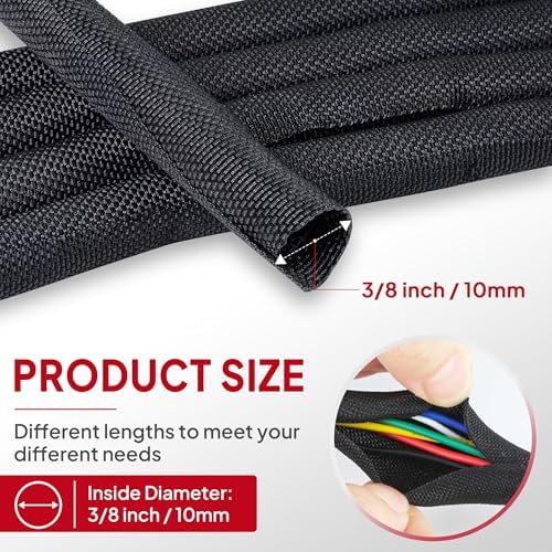 Black Split Braided Cable Management Sleeves 3/8inch -12Feet