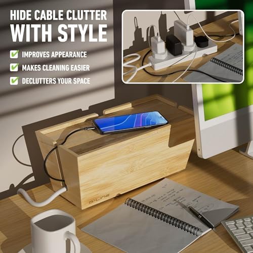 D-Line Bamboo Cable Management Box – Hide Power Strips, Large Cable Organizer Box for Home & Office, Wooden Cord Organis