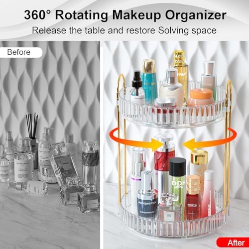 GTI 360°Rotating Makeup Organizer, 2 Tier Bathroom Counter Organizer,Large Capacity Perfume Cosmetics Skincare Vanity Or