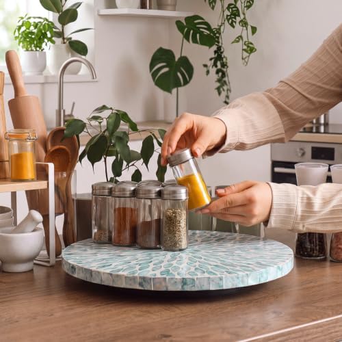 Reallnaive Mother of Pearl Lazy Susan, Round, Blue Floral Petal