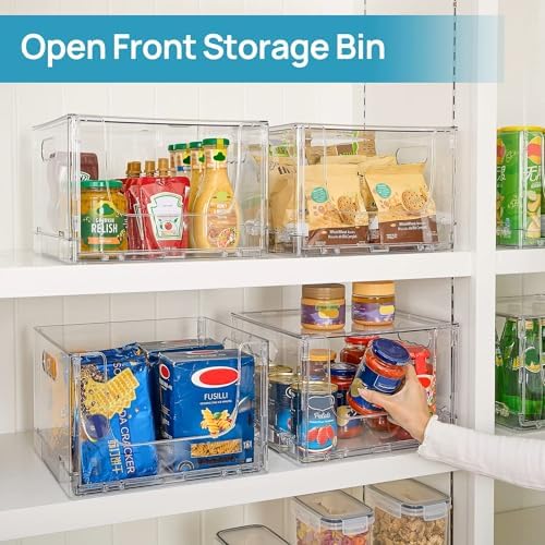 ANUMITRA 2 Pack Large Foldable Open Front Storage Bins with Lids, Stackable Clear Plastic Container Organizer for Pantry