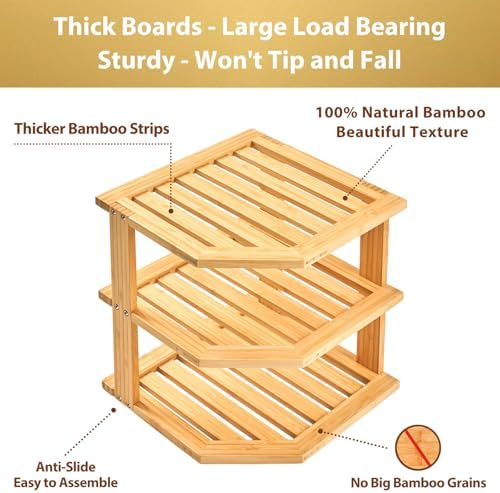 Umilife Plate Organizer for Cabinet, Extra Tall Bamboo Corner Shelf, Dish & Bread Organizer, Spice Rack, Kitchen Bathroo