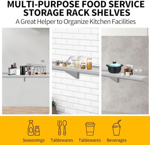 12" D x 60" W Stainless Steel Wall Mounted Shelves, Floating Shelving with Brackets, Commercial Shelf Perfect for Restau