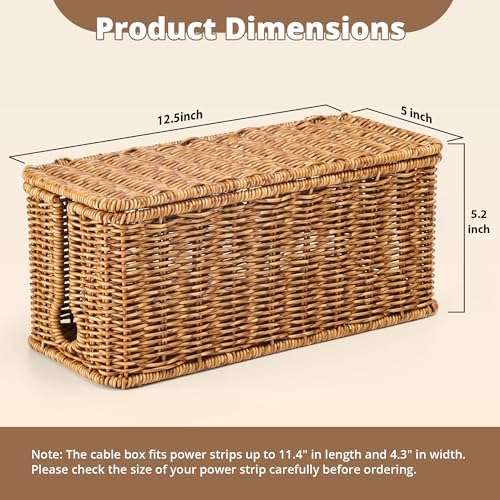 ZhiYo Rattan Cable Management Box, Speckled Brown, 12.5" x 5" x 5.2"