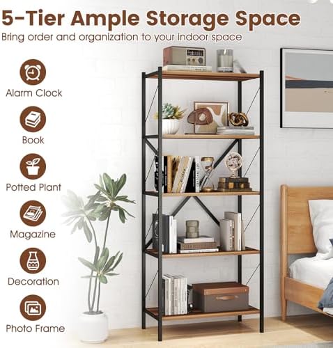 GIANTEX 5-Tier Tall Bookshelf Set of 2, Industrial Bookcase with Heavy-Duty Metal Frame, Modern Storage Book Shelf, Open