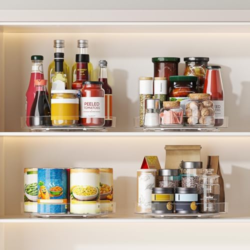 4 Pack 10 Inch Clear Lazy Susan Turntable Organizer for Cabinet, Non-Slip Acrylic Rotating Tray with Raised Edge, Spinni