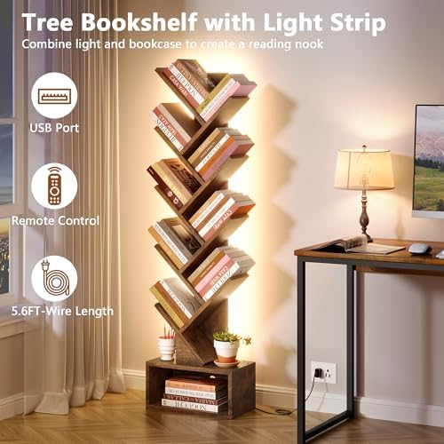 Hoctieon 9 Tier Tree Bookshelf, Tall Bookcase, Freestanding Book Shelf with LED Lights, Display Floor Standing Storage S