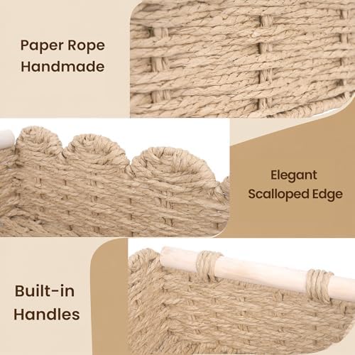 iEGrow Paper Rope Small Storage Baskets for Organizing, Set of 2 Scalloped Edge Wicker Basket with Wooden Handles Toilet Paper Basket for Over Toilet Storage Shelf, Home Decor, Living Room (Beige)