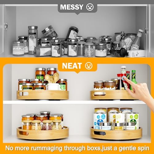 Lazy Susan Organizer Homerays 12 Inch Non-Skid Bamboo Lazy Susan for Kitchen Rotating Spice Rack with Handles, Wood Turn