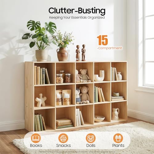 15-Cube Solid Wood Bookshelf, 3-Tier Storage Organizer Semi-Open Floor Display Shelf Closet Cabinet for Home Office Libr