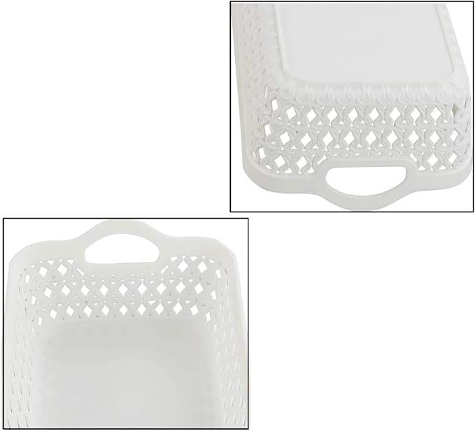12-Pack White Plastic Woven Storage Basket Tray with Handle (Mini)