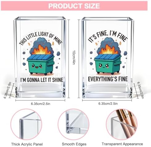 Dumpster Fire Funny Acrylic Pencil Pen Holder Cup Set 2, Cute Pencil Holder Desk Organizer, Dumpster Fire Desk Accessories, Mental Health Sarcastic Office Gifts for Women Men Coworkers Teachers