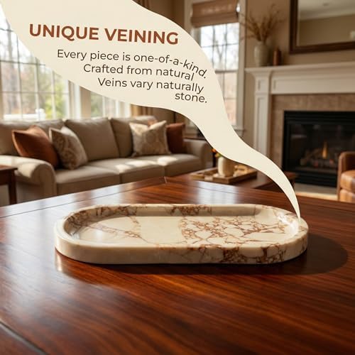 OOBOOB Oval Natural Marble Bathroom Tray for Decor Countertop, Marble Vanity Tray for Candles Perfume, Jewelry, Cosmetic