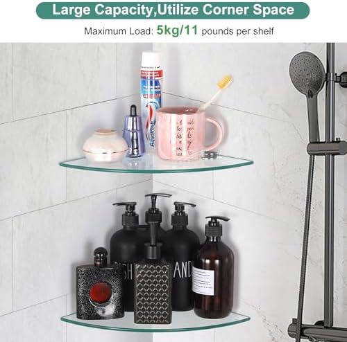 Glass Corner Shower Shelves, Tempered Floating Glass Shelves Wall Mount, Shower Caddy Organizer, Bathroom Corner Shelf w