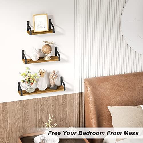 Love-KANKEI Floating Wall Shelves,Solid Wood/Bracket,Set of 3,Light Walnut
