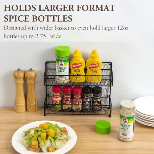 MyGift Spice Rack Wall Mount, Counter 2 Tier Spice Rack, over the Stove Seasoning Jar Storage Organizer, Black Metal Wir