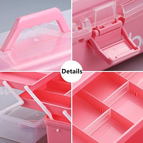 Kinsorcai 12'' Three-Layer Clear Plastic Storage Box with Handle, Craft Tool Box, 3 Layer Pink Tackle Box for Women, Org