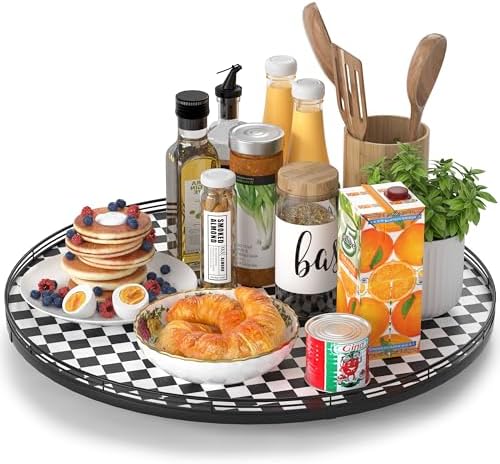 AMH 21-Inch Black and White Checkerboard Lazy Susan Decorative Tray