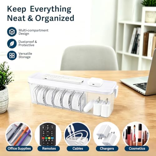 TexHome 2 Pack Clear Cord Storage Organizer Box with Lid, Plastic Charger Cable Organizer with Wire Ties, Electronics Co