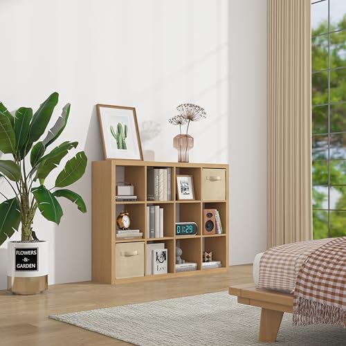 furtble Bookshelf with Storage Bins, 12-Cube Storage Organizer, Modern Wood Open Bookcase, Multifunctional Display Shelf