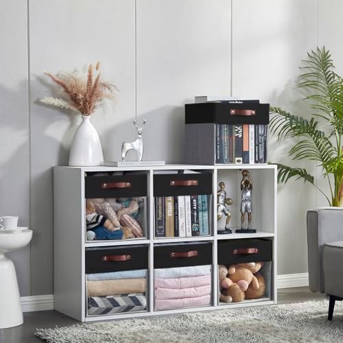 Bagnizer Storage Cubes, 4 Pack Linen Foldable Storage Bins (13 x 13 inch) with Clear Window and Handles, Fabric Organizer for Shelf Closet, Clothes, Books - (Gray and Black)