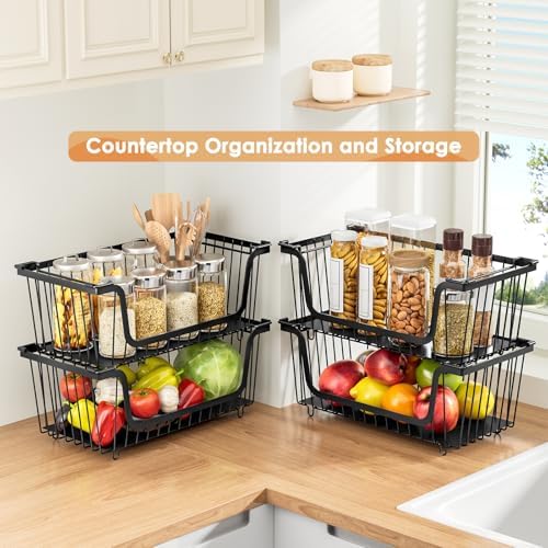 4 Pcs Stackable Wire Baskets for Pantry Organizers and Storage, Black