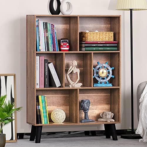 LEYAOYAO Cube Bookshelf, Mid-Century Modern Book Shelf with Legs, Oak